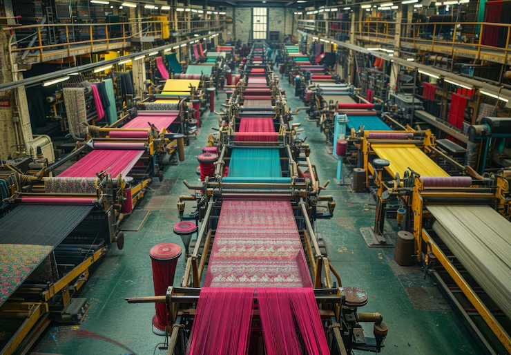 Textile manufacturing facility with colorful fabric looms