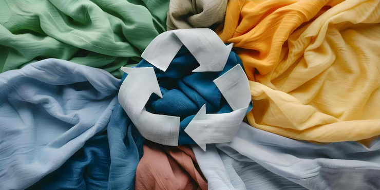 Recycled colorful fabrics with recycle symbol